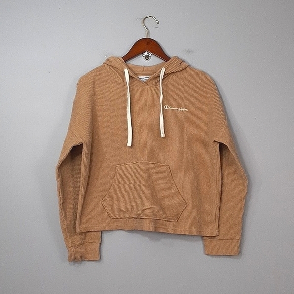 Champion Tops - Champion Reverse Weave Tan Corduroy Cut Off Cropped Hoodie Sweater